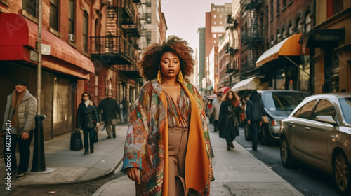 Elegant afro plus size woman walking in the city. Image Generative AI. © MarianoMartin
