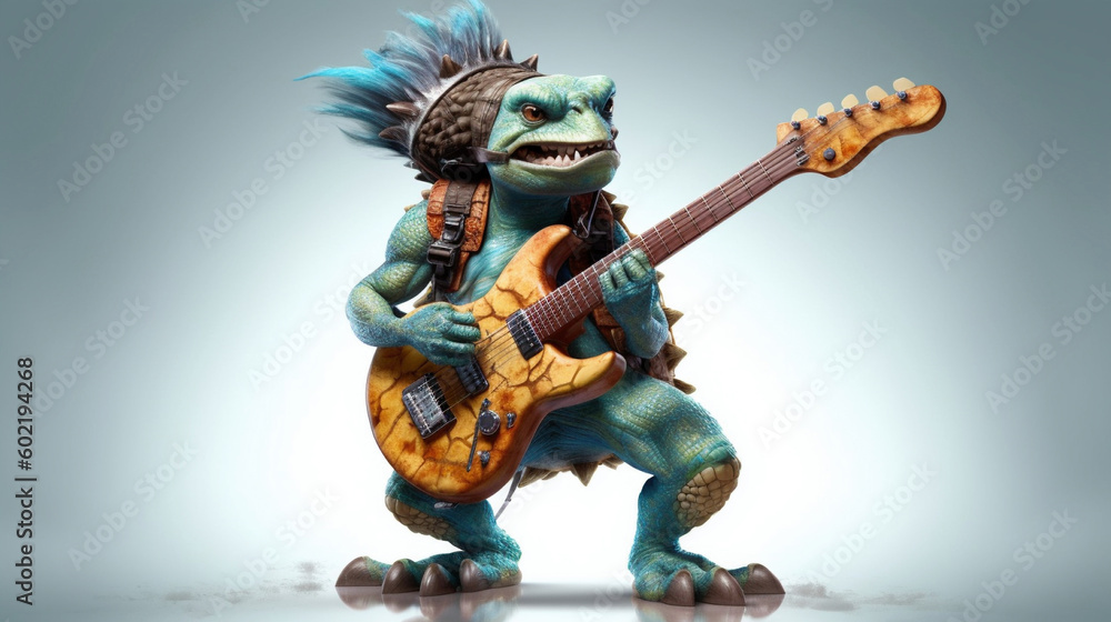 A genetaive AI illustration showing a crazy punk turtle with an electric guitar