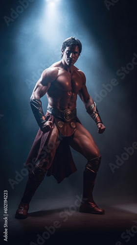 Photo realistic illustration of barbarian, in a gladiatorial arena. Anatomy and lighting reference. Generative AI. © John