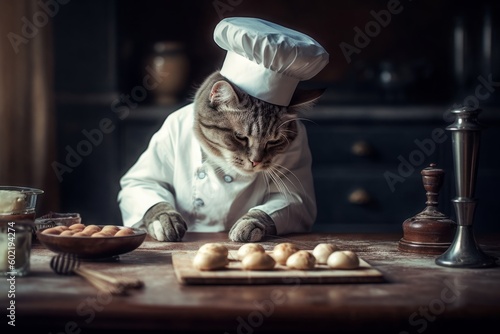 一口サイズのお菓子を作る猫のパティシエ：AI作品 