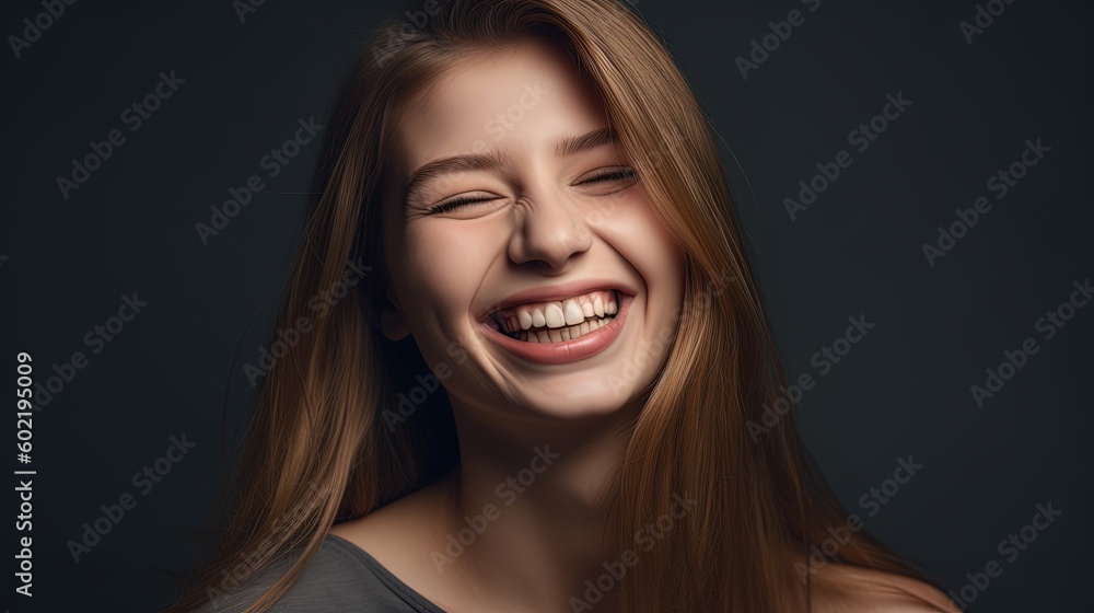 Closeup portrait of a beautiful smiling young woman on grey background.Generative Ai Closeup portrait of a beautiful smiling young woman on grey background.Generative Ai