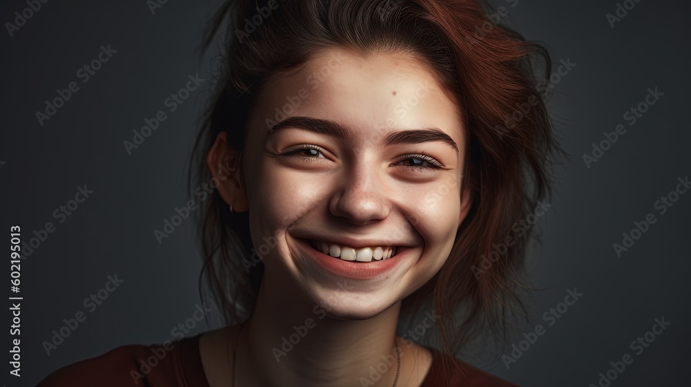 Closeup portrait of a beautiful smiling young woman on grey background.Generative Ai Closeup portrait of a beautiful smiling young woman on grey background.Generative Ai