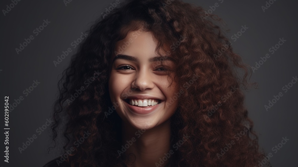 Closeup portrait of a beautiful smiling young woman on grey background.Generative Ai Closeup portrait of a beautiful smiling young woman on grey background.Generative Ai
