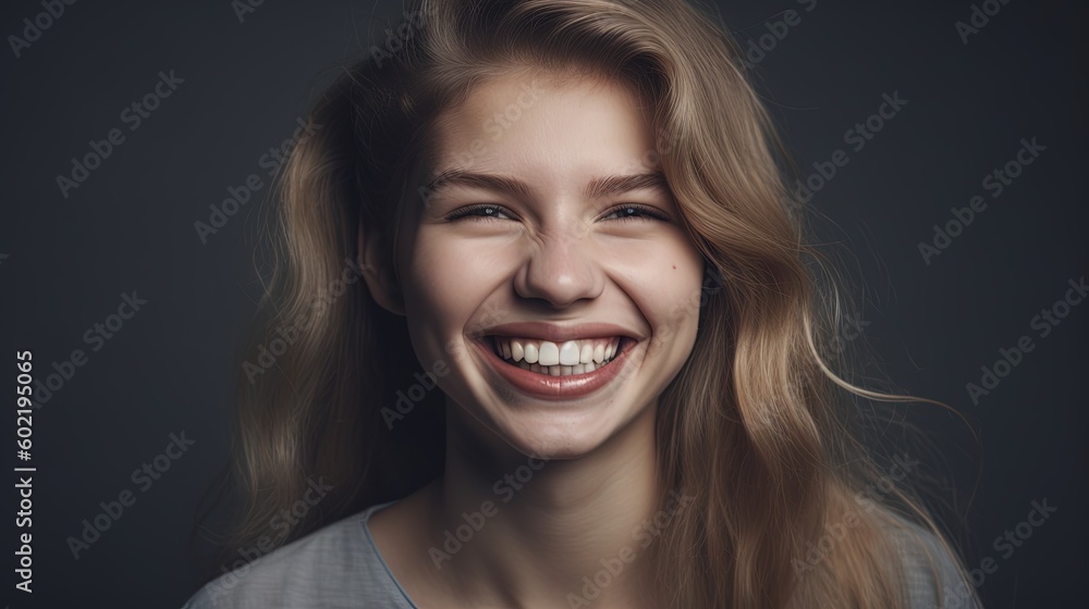 Closeup portrait of a beautiful smiling young woman on grey background.Generative Ai Closeup portrait of a beautiful smiling young woman on grey background.Generative Ai