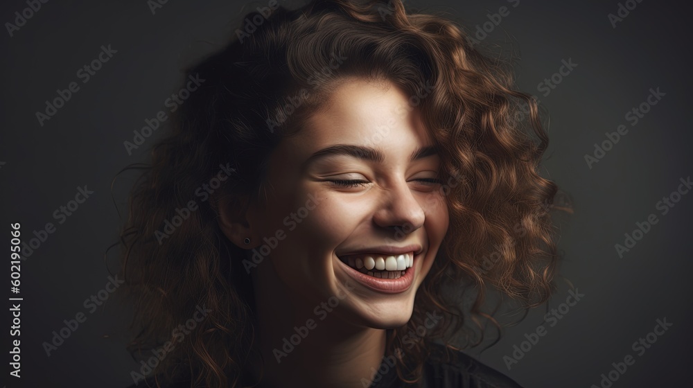 Closeup portrait of a beautiful smiling young woman on grey background.Generative Ai Closeup portrait of a beautiful smiling young woman on grey background.Generative Ai