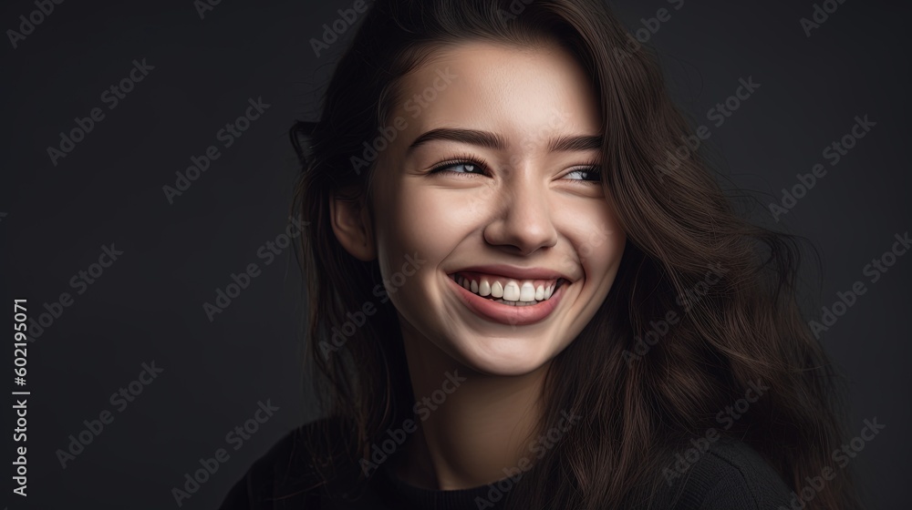 Closeup portrait of a beautiful smiling young woman on grey background.Generative Ai Closeup portrait of a beautiful smiling young woman on grey background.Generative Ai