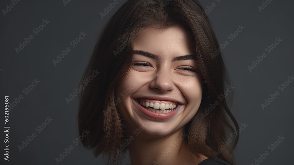 Closeup portrait of a beautiful smiling young woman on grey background.Generative Ai Closeup portrait of a beautiful smiling young woman on grey background.Generative Ai