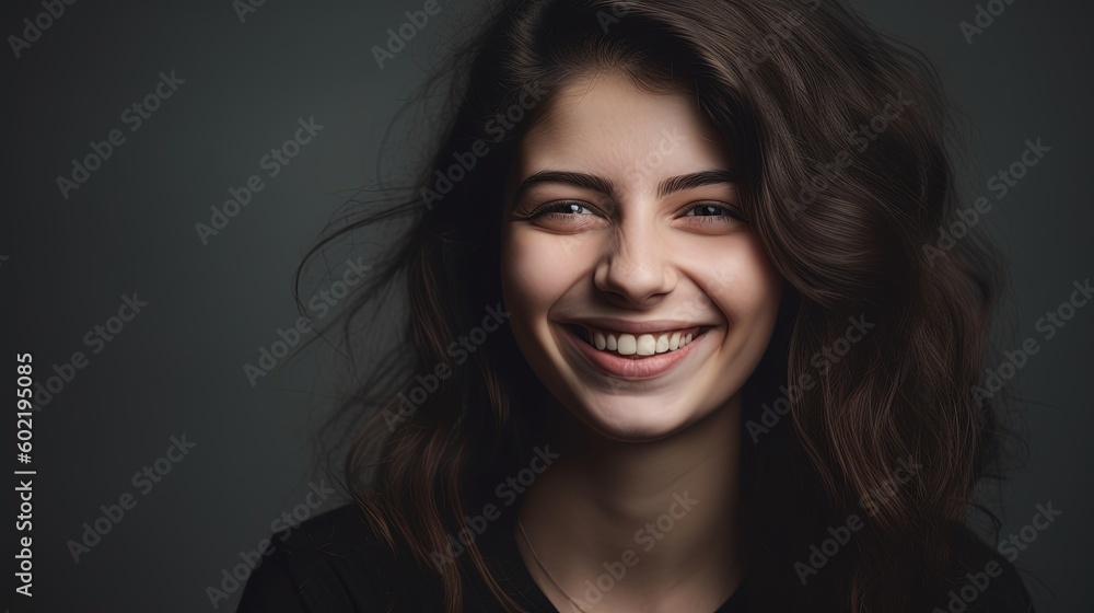 Closeup portrait of a beautiful smiling young woman on grey background.Generative Ai Closeup portrait of a beautiful smiling young woman on grey background.Generative Ai