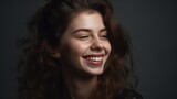 Closeup portrait of a beautiful smiling young woman on grey background.Generative Ai
