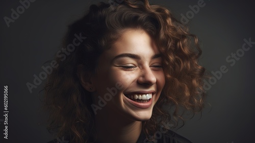 Closeup portrait of a beautiful smiling young woman on grey background.Generative Ai © Rudsaphon