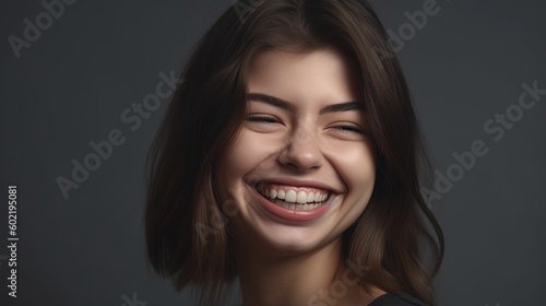 Closeup portrait of a beautiful smiling young woman on grey background.Generative Ai