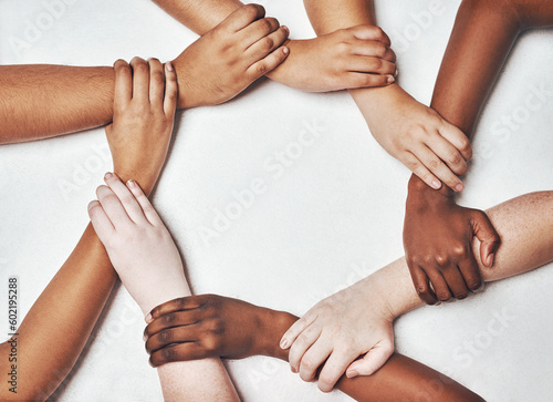 Cuadro en lienzo People, integration and hands together isolated on a white background in solidarity, support and diversity collaboration