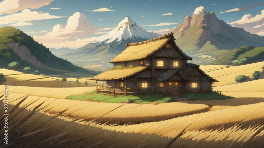 illustration mountain village and wheat field