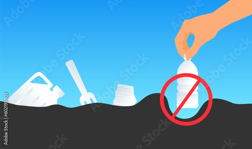 man hand putting plastic bottle to soil  waste pollution ecology concept