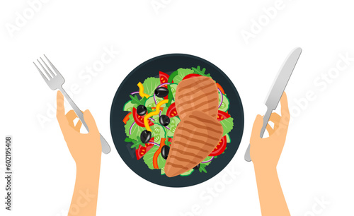 grilled chicken breast healthy  fresh vegetables salad  on plate fork and knife in hands  top view vector illustration