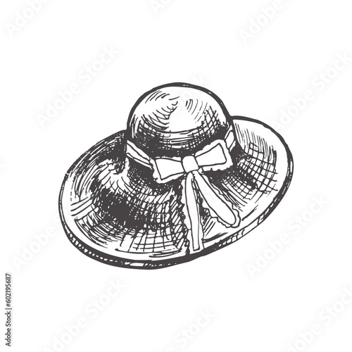 Hand drawn wicker straw hat sketch. Summer head accessory isolated on white background. Vintage vector illustration in engraving style.