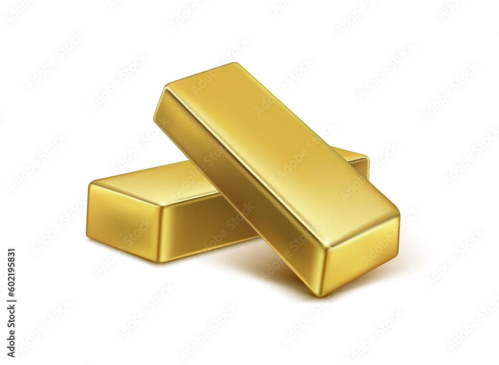Two gold bars isolated on a white background. Finance banking and business concept. 3D Vector EPS10 illustration. Two gold bars isolated on a white background. Finance banking and business concept. 3D Vector EPS10 illustration.