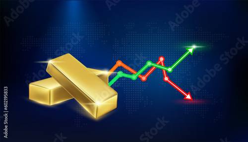 Gold bars with red green arrows up and down on dark background. The growth of world gold. Business economic concept. 3D Vector illustration.