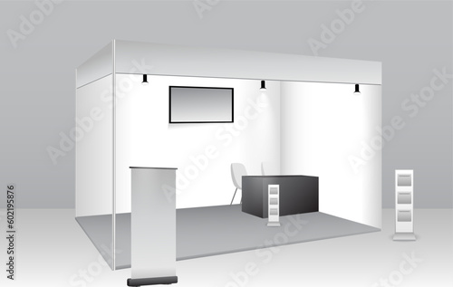 set of realistic trade exhibition stand or white blank exhibition kiosk or stand booth corporate commercial. eps vector