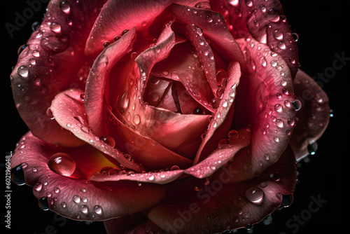 Close up red rose with water drops. Generative AI