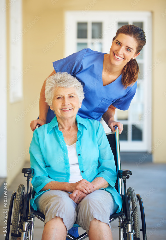 Portrait, nurse or happy senior woman in wheelchair in hospital clinic helping an elderly patient for support. Trust, smile or healthcare medical caregiver smiling with mature person with disability Portrait, nurse or happy senior woman in wheelchair in hospital clinic helping an elderly patient for support. Trust, smile or healthcare medical caregiver smiling with mature person with disability