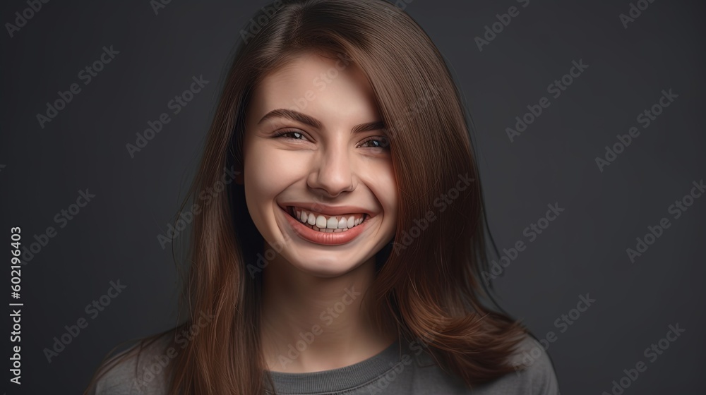 Closeup portrait of a beautiful smiling young woman on grey background.Generative Ai Closeup portrait of a beautiful smiling young woman on grey background.Generative Ai