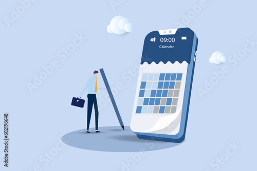 Businessman holding pencil planning work schedule on calendar  mobile app.schedule planning and time management, organize meeting and appointment, event reminder or business schedule concept.