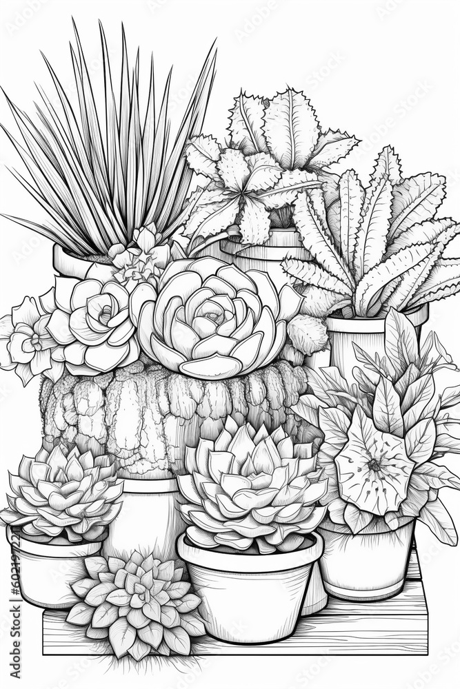 Coloring book succulents - created with Generative AI technology Coloring book succulents - created with Generative AI technology