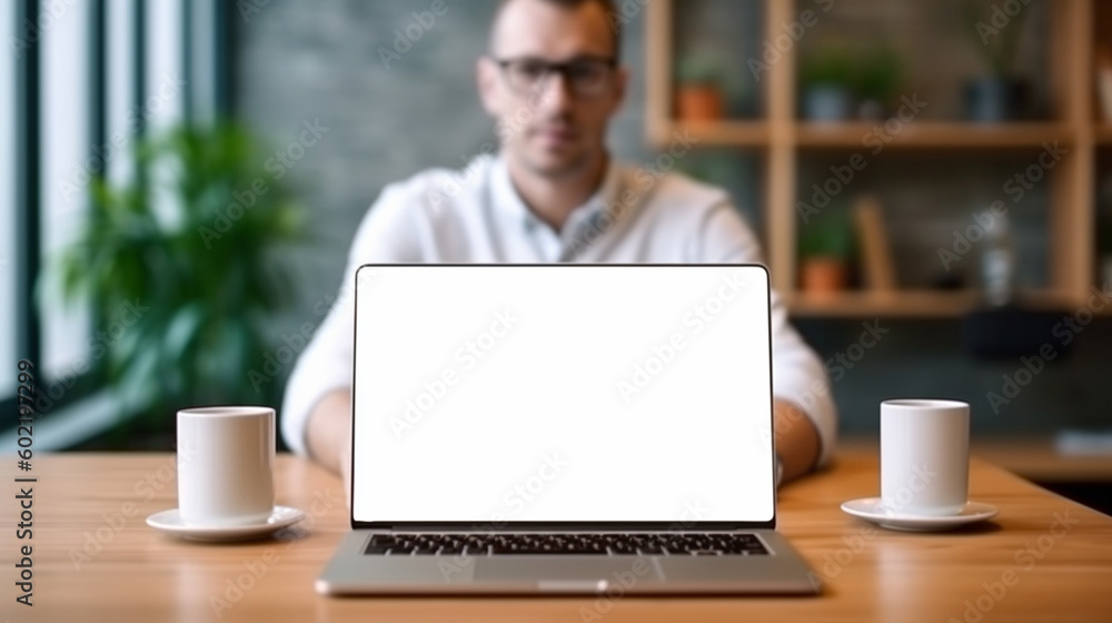 Young man using laptop computer with blank empty mockup screen. Business man working at office. Freelance, student lifestyle, e-learning, shopping online, web site, technolog. Young man using laptop computer with blank empty mockup screen. Business man working at office. Freelance, student lifestyle, e-learning, shopping online, web site, technolog.