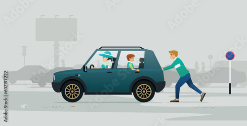Dad pushing a troubled car with a family in it.