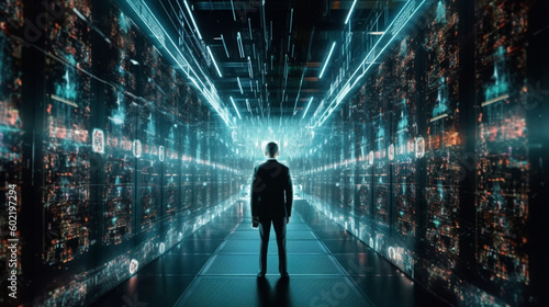 Futuristic 3D Concept: Big Data Center Chief Technology Officer Using Laptop Standing In Warehouse, Information Digitalization Lines Streaming Through Servers. SASS, Cloud Computing, Web Service. 