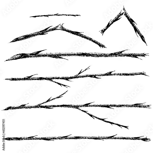 Collection of hand-drawn dog-rose branch with thorns of wild rose. Rose hip hand drawn, sketches, pointillism style.