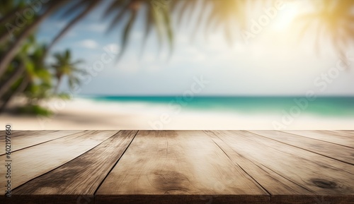 Blurred blue sky and sea with bokeh light and white wooden table background by ai generative