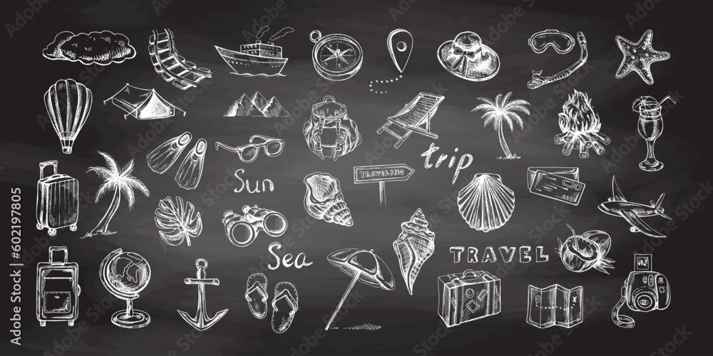 Hand drawn sketch set of travel icons on chalkboard background. Tourism ...