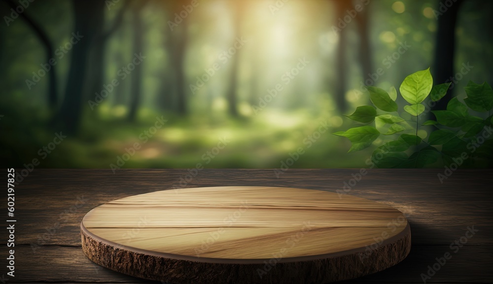 empty table wood with blurred forest background good for display product by ai generative empty table wood with blurred forest background good for display product by ai generative