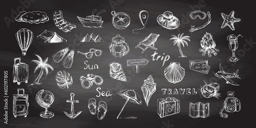 Hand drawn  sketch set of travel icons on chalkboard background. Tourism and camping adventure icons. Сlipart with travelling elements: bags, transport, camera, map, palm, seashells.