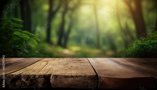 empty table wood with blurred forest background good for display product by ai generative