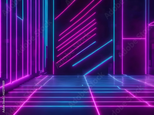 Abstract 3D render featuring a vibrant neon background in shades of pink and blue. The design creates a futuristic ambiance, making it ideal as a visually striking wallpaper