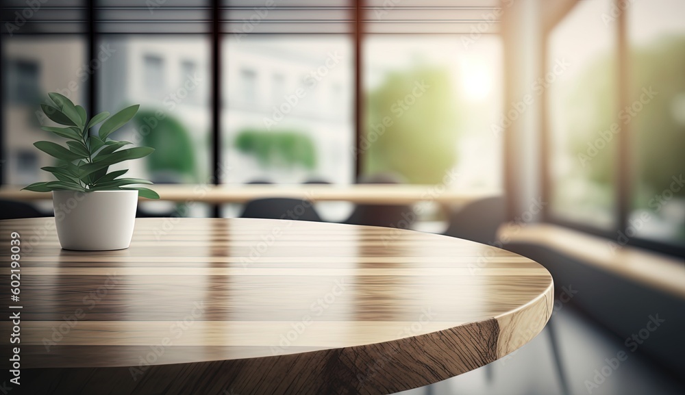 Empty wooden office table with light sunny furnished office room with large window on background, by ai generative Empty wooden office table with light sunny furnished office room with large window on background, by ai generative