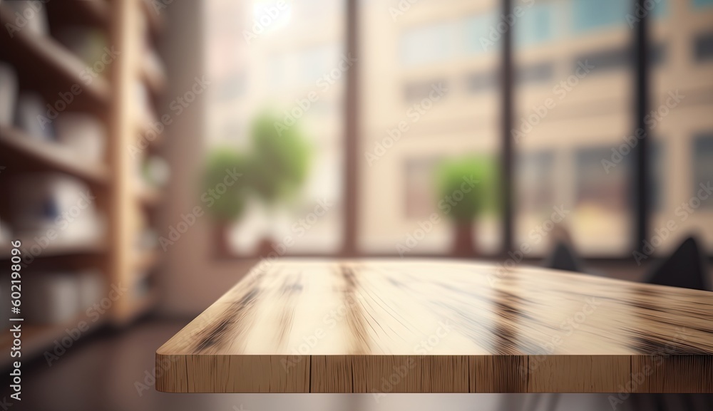 Empty wooden office table with light sunny furnished office room with large window on background, by ai generative Empty wooden office table with light sunny furnished office room with large window on background, by ai generative