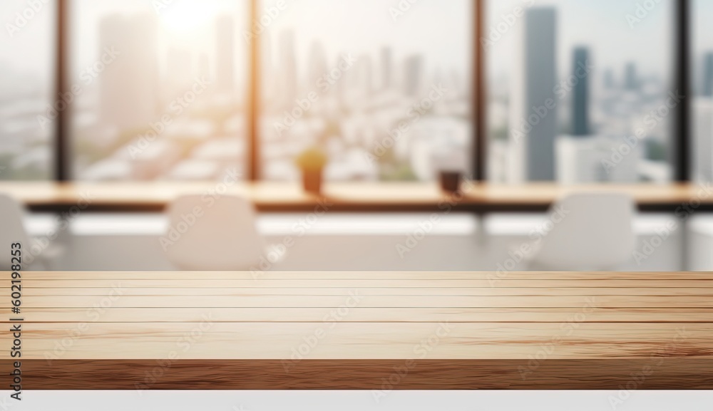 Empty wooden office table with light sunny furnished office room with large window on background, by ai generative Empty wooden office table with light sunny furnished office room with large window on background, by ai generative