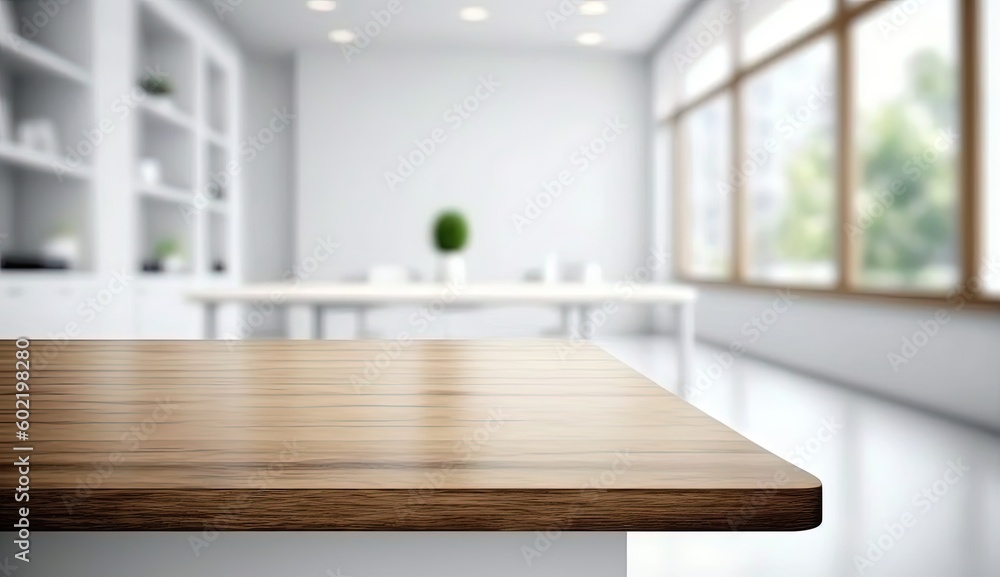 Empty wooden office table with light sunny furnished office room with large window on background, by ai generative Empty wooden office table with light sunny furnished office room with large window on background, by ai generative