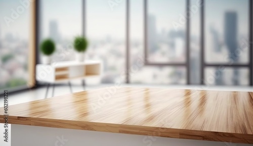 Empty wooden office table with light sunny furnished office room with large window on background, by ai generative