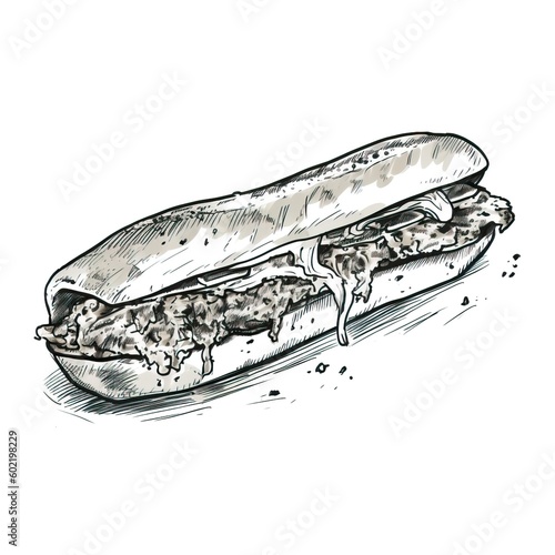 A hand drawn sketch of a cheesesteak in black and white. Perfectly generated with AI technology! AI Generative