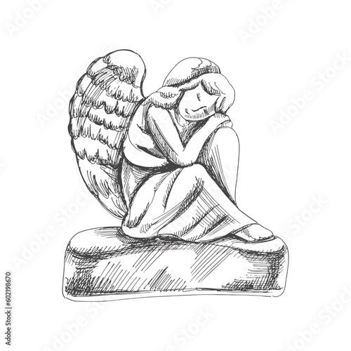 Hand drawn sad stone angel  sitting with his head on his knees. Marble tombstone. Vector drawing isolated illustration for funeral business. Sketch christian symbol of death, cemetery