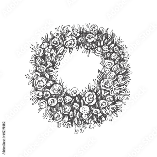 Funeral mortuary mourning flower wreath isolated on white background. Hand drawn vector isolated symbol of cemetery and burial place. Sketch vintage illustration for design of funeral service