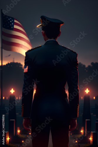 Veteran cemetery and U.S. flag illustration with officer. Military Appreciation Holidays concept