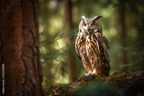 Close-up of an owl sitting in a forest, Generative AI