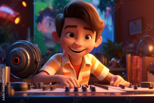 dj in headphones cartoon young boy DJ mixing music with a smile, Generative AI