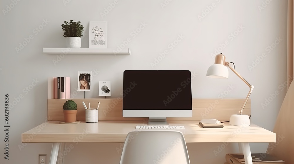Advanced immaterial workspace in college dorm hang with flexible workstation mockup. Creative resource, AI Generated Advanced immaterial workspace in college dorm hang with flexible workstation mockup. Creative resource, AI Generated
